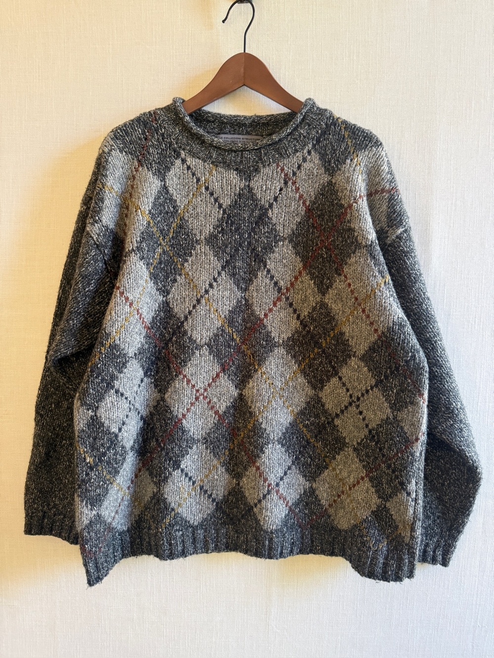 Vintage Le Collezioni Structure Gray Argyle Wool Blend Sweater Size Large